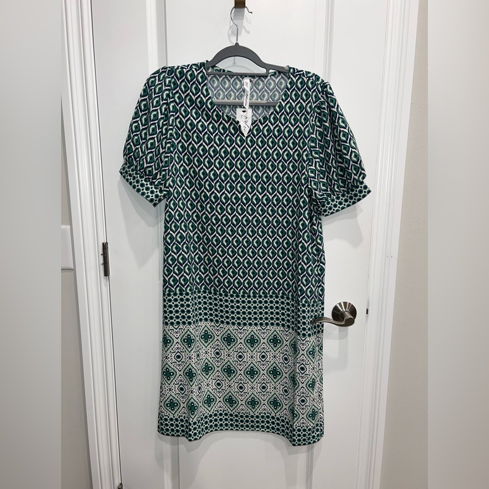 NY Collection Green & Blue Short Sleeve Midi Dress Size Medium NWT